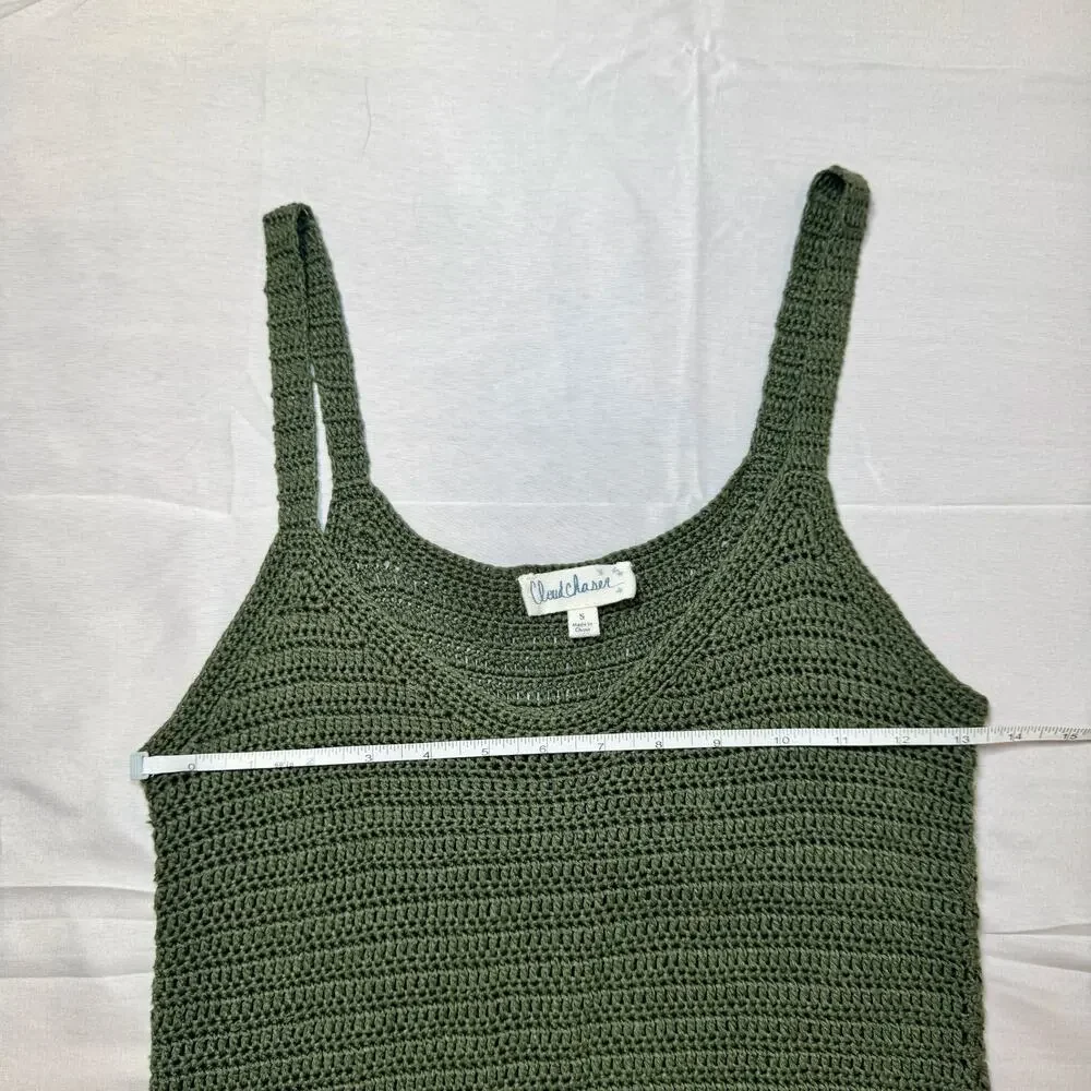 Olive Green Crochet Fringe Hem Tank Top Boho Festival Knit Women's Small Indie - Picture 4 of 11